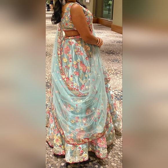 Beautiful Indian wedding embroidered floral | Pastel Blue color Lehenga choli - Picture 14 of 15